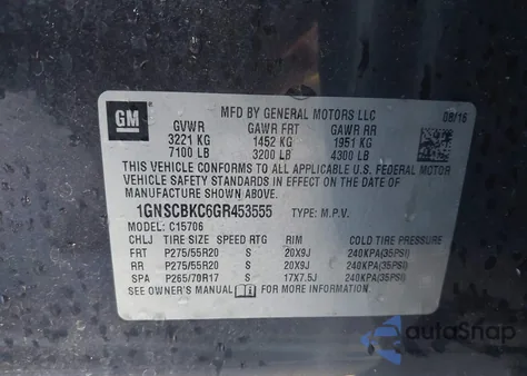 2016 Chevrolet Tahoe Lt z USA, uszkodzony, nr VIN 1GNSCBKC6GR453555